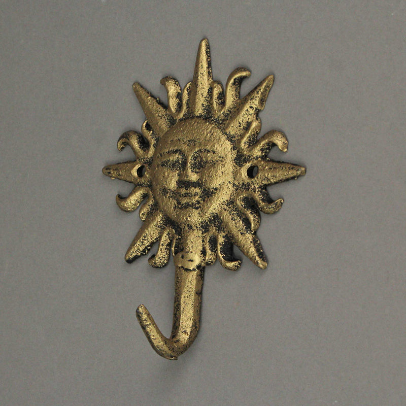Set of 3 Vintage Sun-Face Cast Iron Decorative Wall Hooks in Antique Gold Finish - Elegant Towel or Coat Hanger Rack for Home