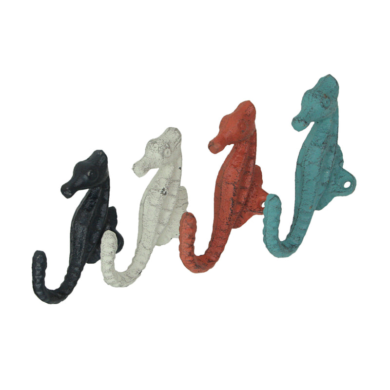 Coral - Image 6 - Set of 4 Coastal Cast Iron Seahorse Decorative Wall Hooks in Blue, White, and Coral Orange - Seaside