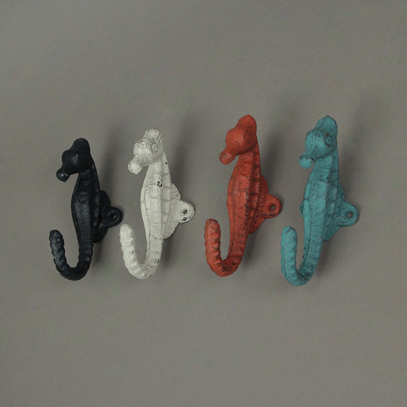 Coral - Image 4 - Set of 4 Coastal Cast Iron Seahorse Decorative Wall Hooks in Blue, White, and Coral Orange - Seaside