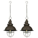 Set of 2 Antique Dark Brown Finish Farmhouse Battery Operated LED Indoor / Outdoor Pendant Lights with Timers -  Hanging