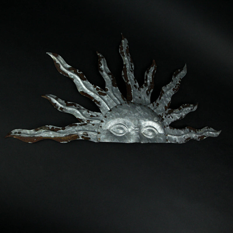 Galvanized Grey Metal Celestial Rising Sun Face Wall Hanging Art - Rustic Farmhouse Style Home and Garden Decor Plaque with