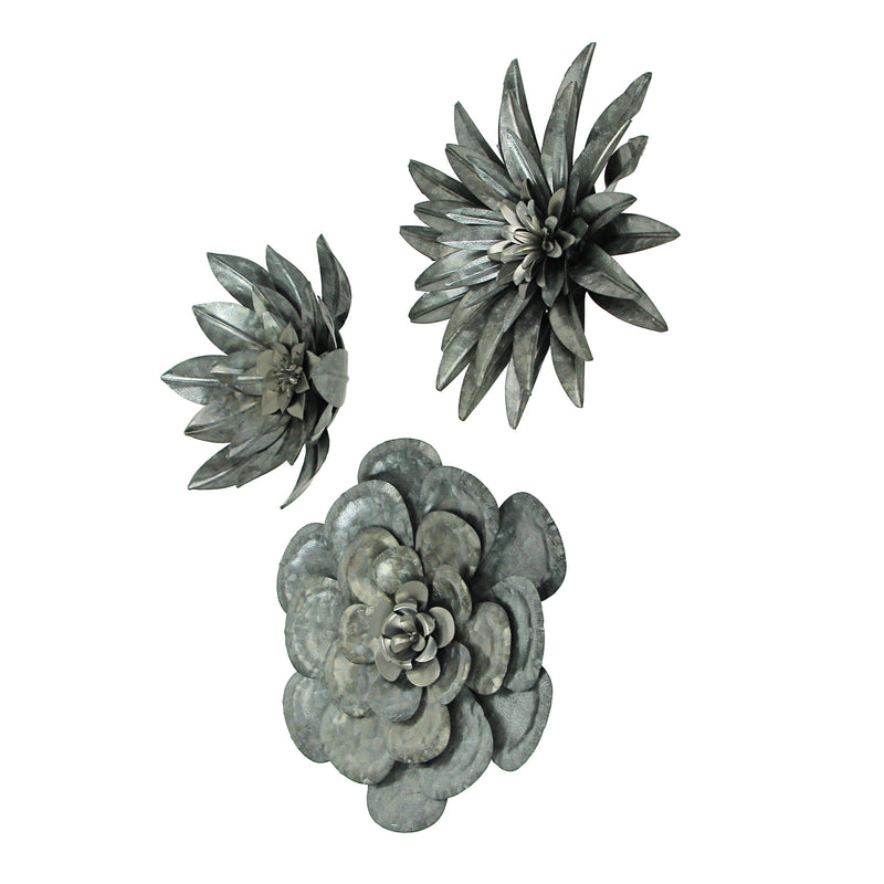 Set of 3 Galvanized Metal Flower Wall Hanging Sculptures Home Decor Floral Art 10 Inches High - Nature Accents For Country or