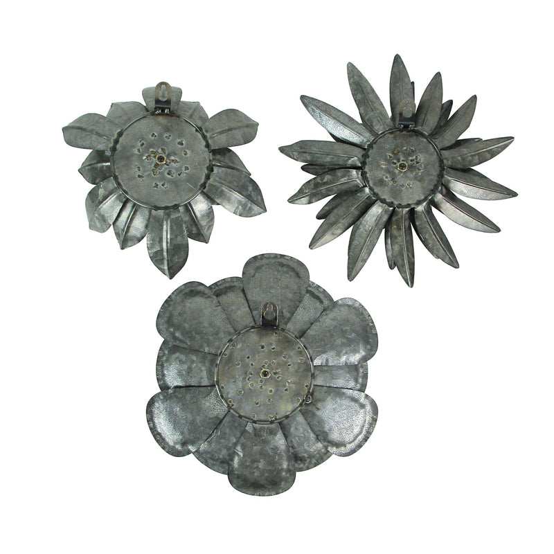 Set of 3 Galvanized Metal Flower Wall Hanging Sculptures Home Decor Floral Art 10 Inches High - Nature Accents For Country or