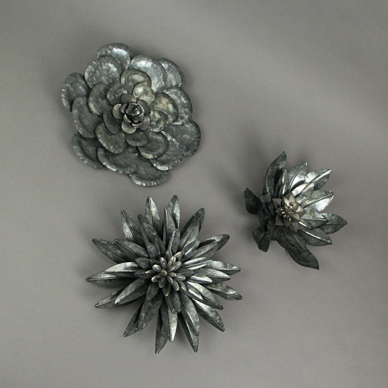Set of 3 Galvanized Metal Flower Wall Hanging Sculptures Home Decor Floral Art 10 Inches High - Nature Accents For Country or