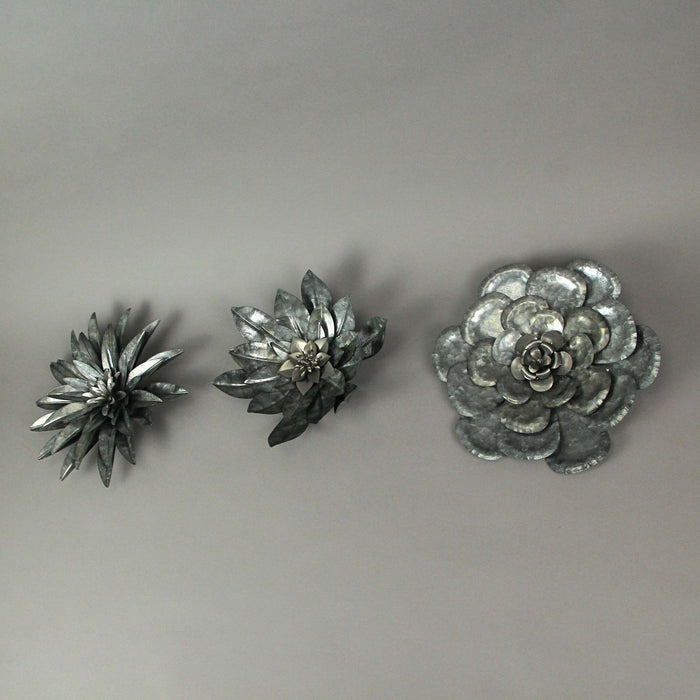 Set of 3 Galvanized Metal Flower Wall Hanging Sculptures Home Decor Floral Art 10 Inches High - Nature Accents For Country or
