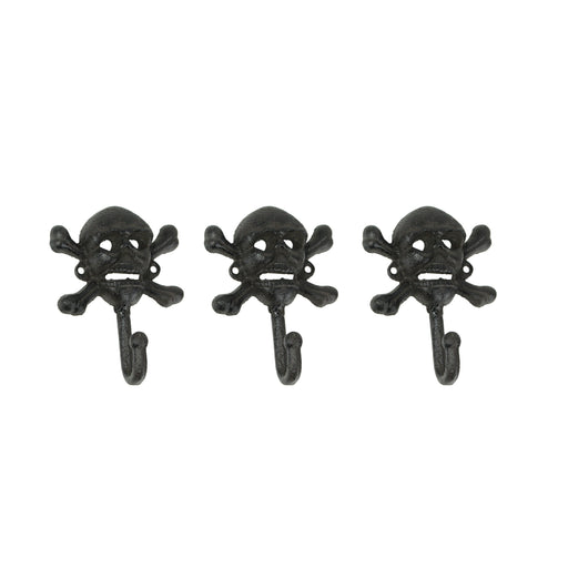 Set of 3 Rustic Brown Cast Iron Skull and Crossbones Decorative Wall Hooks - Pirate Themed Towel, Clothing or Coat Rack -