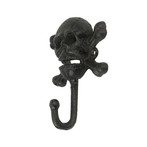 Set of 3 Rustic Brown Cast Iron Skull and Crossbones Decorative Wall Hooks - Pirate Themed Towel, Clothing or Coat Rack -