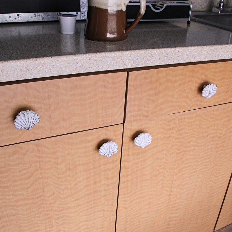 White - Image 4 - Set of 6 Antique White Cast Iron Scallop Sea Shell Drawer Pulls Nautical Cabinet Knobs - 2 Inches Long -