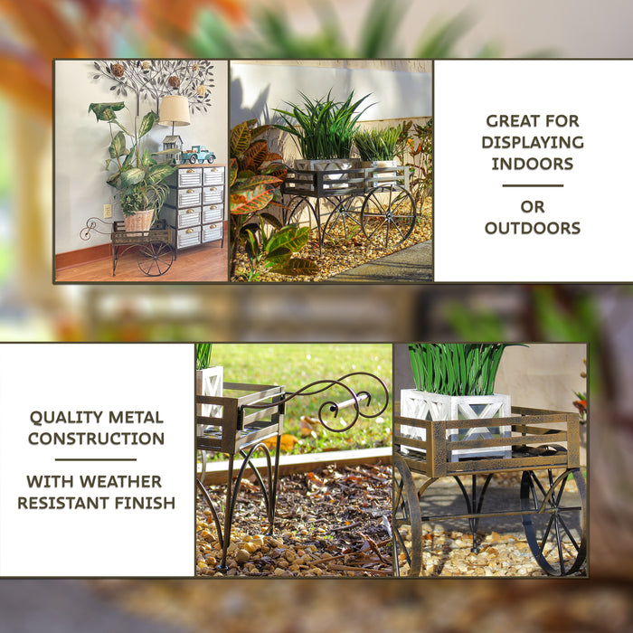 Metal - Image 3 - Charming Rustic Brown Metal Wagon Cart Plant Stand and Flower Holder - Transform Your Indoor and Outdoor
