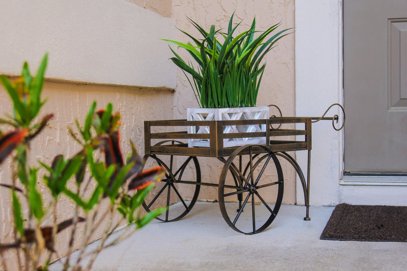 Metal - Image 5 - Charming Rustic Brown Metal Wagon Cart Plant Stand and Flower Holder - Transform Your Indoor and Outdoor