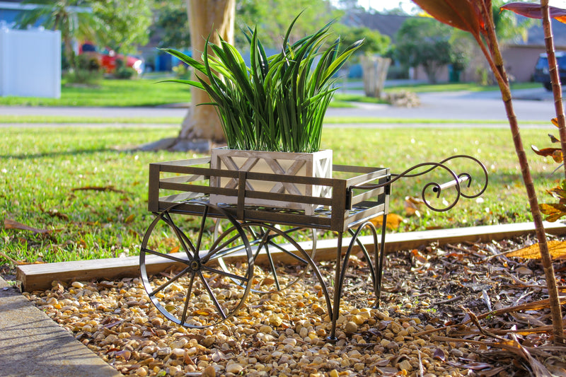 Metal - Image 8 - Charming Rustic Brown Metal Wagon Cart Plant Stand and Flower Holder - Transform Your Indoor and Outdoor