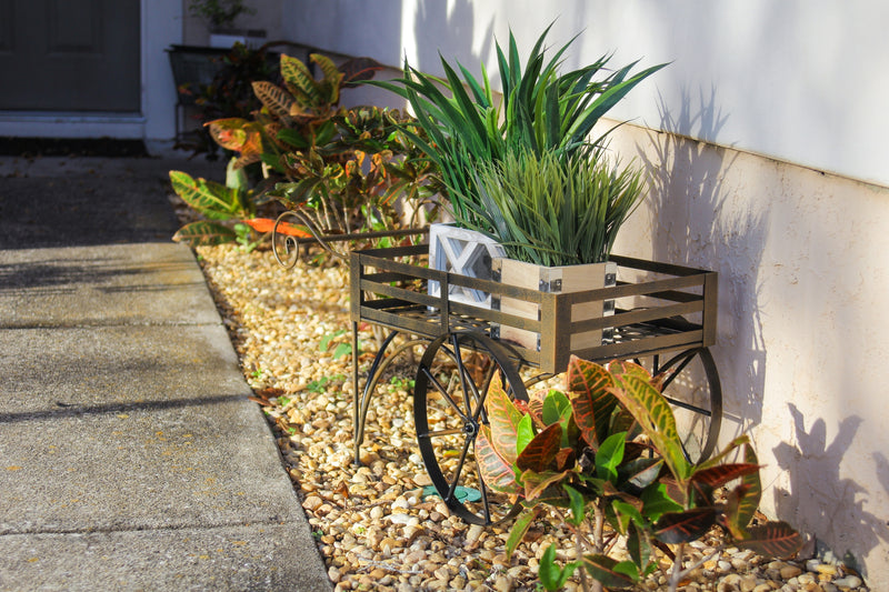 Metal - Image 7 - Charming Rustic Brown Metal Wagon Cart Plant Stand and Flower Holder - Transform Your Indoor and Outdoor