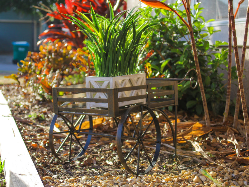 Metal - Image 6 - Charming Rustic Brown Metal Wagon Cart Plant Stand and Flower Holder - Transform Your Indoor and Outdoor