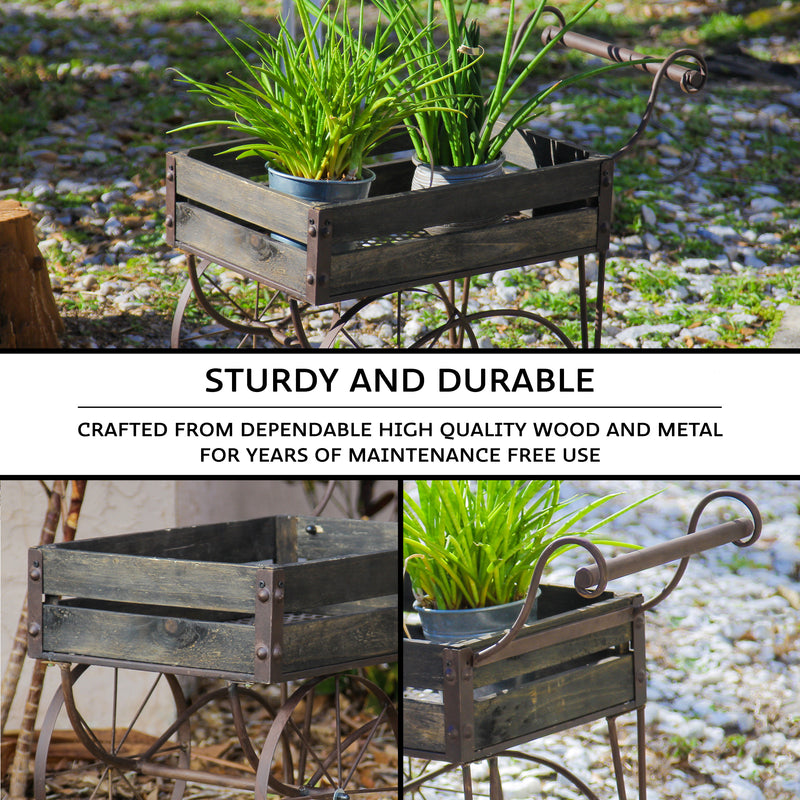 Dark Wood & Metal - Image 3 - 24-Inch Rustic Black Wood and Metal Wagon Cart-Style Plant Stand / Holder Featuring a 17in x
