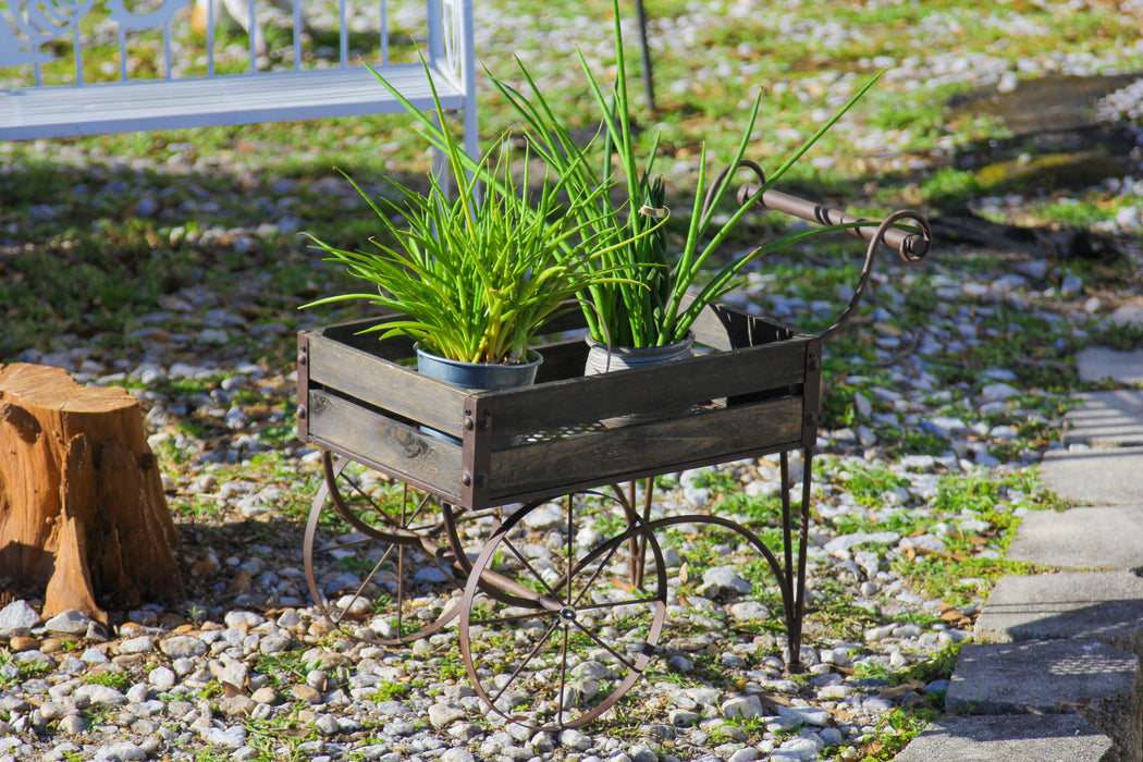Dark Wood & Metal - Image 4 - 24-Inch Rustic Black Wood and Metal Wagon Cart-Style Plant Stand / Holder Featuring a 17in x
