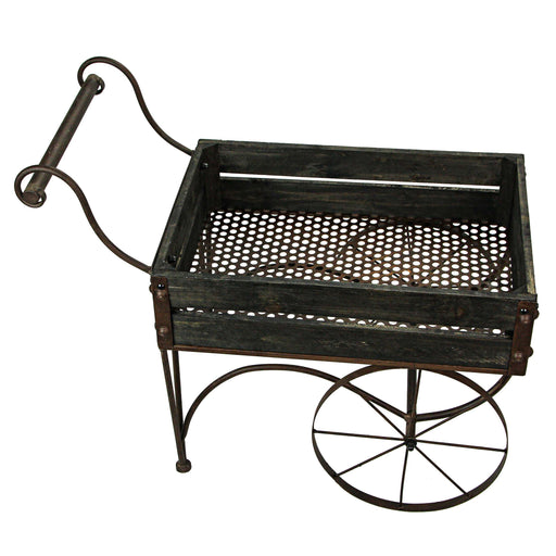 Dark Wood & Metal - Image 1 - 24 Inch Rustic Black Wood & Metal Wagon Cart Style Plant Stand 17in x 11.5in x 4.5in Basket
