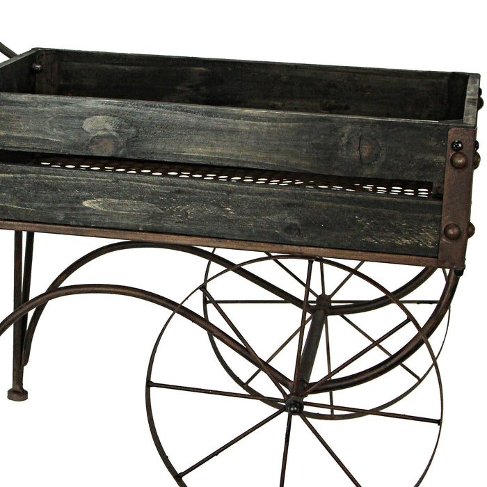 Dark Wood & Metal - Image 7 - 24 Inch Rustic Black Wood & Metal Wagon Cart Style Plant Stand 17in x 11.5in x 4.5in Basket