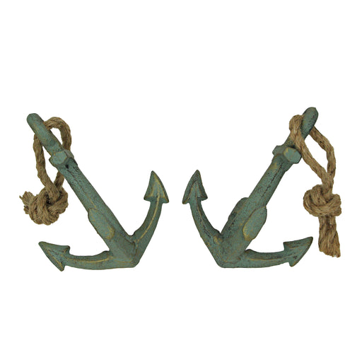 Green - Image 1 - Set of 2 Cast Iron Anchor Bookends with Verdigris Finish, 4.75 Inch High