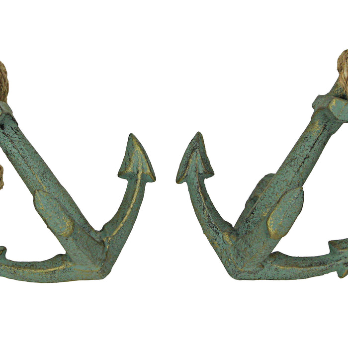 Green - Image 2 - Set of 2 Verdigris Green Finish Cast Iron Boat Anchor Decorative Bookends - Nautical Sculptures for Stylish