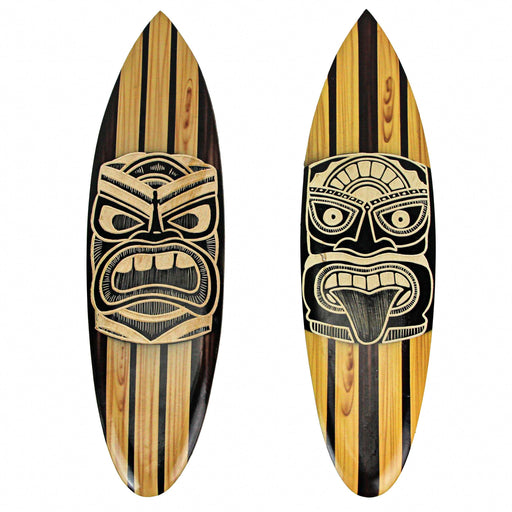 Set of 2 Hand-Crafted Black and White Tiki Mask Etched Wood Surfboard Decorative Wall Hangings, 20 Inches High, Perfect for
