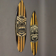 Set of 2 Hand-Crafted Black and White Tiki Mask Etched Wood Surfboard Decorative Wall Hangings, 20 Inches High, Perfect for