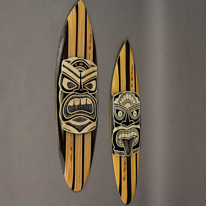 Set of 2 Hand-Crafted Black and White Tiki Mask Etched Wood Surfboard Decorative Wall Hangings, 20 Inches High, Perfect for