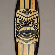 Set of 2 Hand-Crafted Black and White Tiki Mask Etched Wood Surfboard Decorative Wall Hangings, 20 Inches High, Perfect for