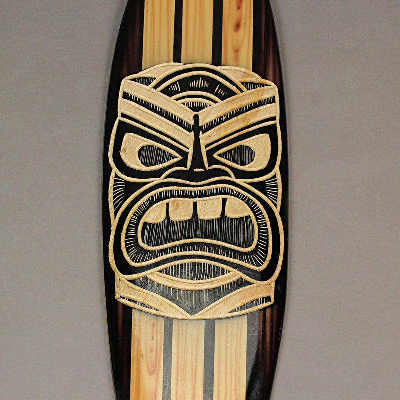Set of 2 Hand-Crafted Black and White Tiki Mask Etched Wood Surfboard Decorative Wall Hangings, 20 Inches High, Perfect for