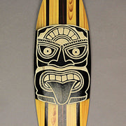 Set of 2 Hand-Crafted Black and White Tiki Mask Etched Wood Surfboard Decorative Wall Hangings, 20 Inches High, Perfect for