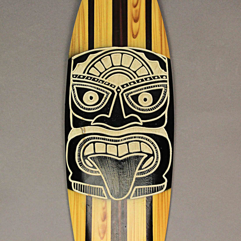 Set of 2 Hand-Crafted Black and White Tiki Mask Etched Wood Surfboard Decorative Wall Hangings, 20 Inches High, Perfect for