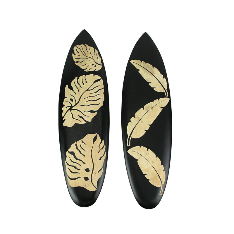 Set of 2 Handcrafted Wooden Tropical Leaf Design Decorative Surfboard Wall Hangings - Exquisite Island Decor for Your Home,