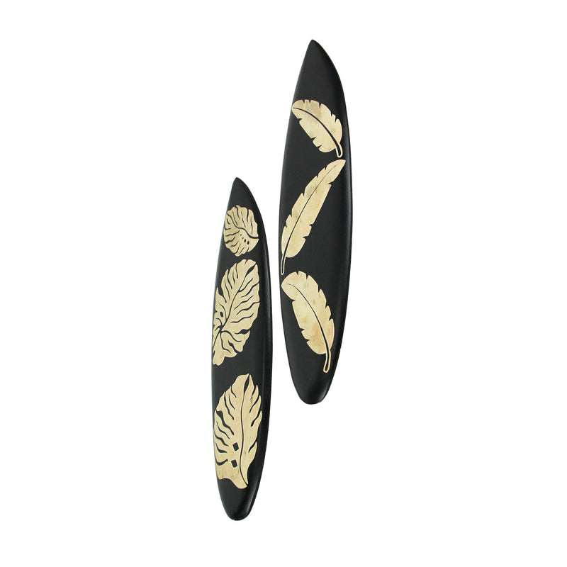 Set of 2 Handcrafted Wooden Tropical Leaf Design Decorative Surfboard Wall Hangings - Exquisite Island Decor for Your Home,