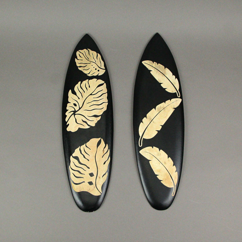 Set of 2 Handcrafted Wooden Tropical Leaf Design Decorative Surfboard Wall Hangings - Exquisite Island Decor for Your Home,