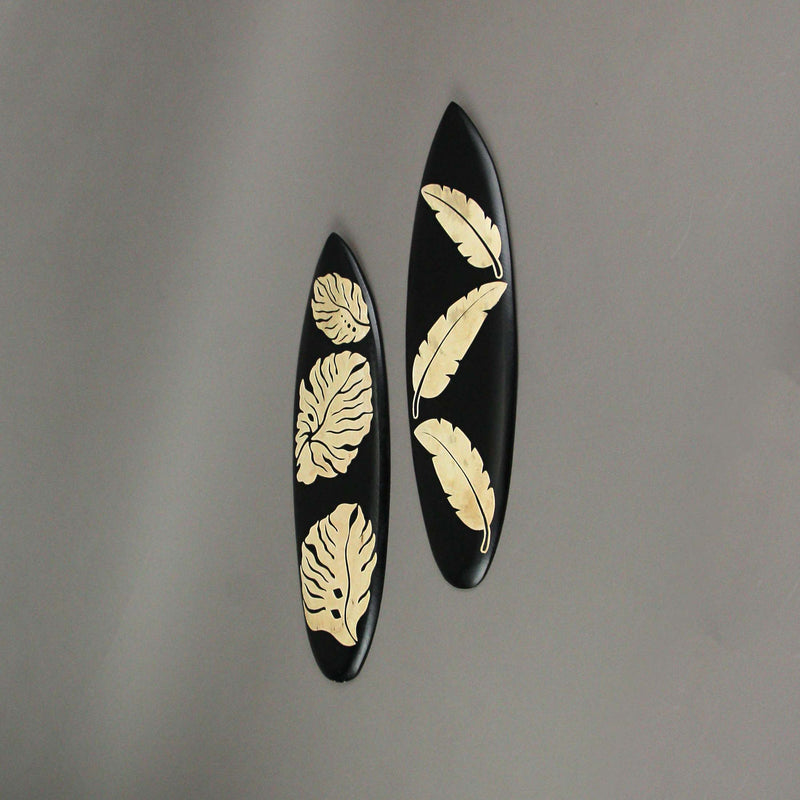 Set of 2 Handcrafted Wooden Tropical Leaf Design Decorative Surfboard Wall Hangings - Exquisite Island Decor for Your Home,