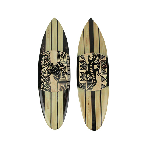 Set of 2 Handcrafted Wooden Surfboard Wall Decor with Tribal Gecko and Sea Turtle Design - Captivating Island-Inspired