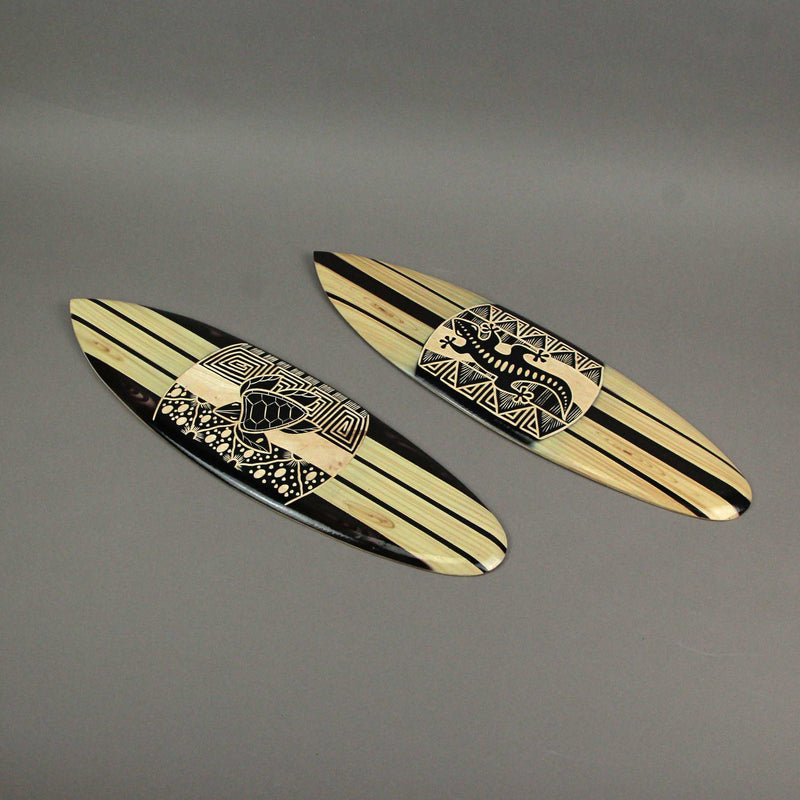 Set of 2 Handcrafted Wooden Surfboard Wall Decor with Tribal Gecko and Sea Turtle Design - Captivating Island-Inspired