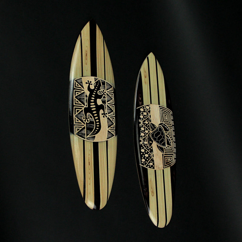Set of 2 Handcrafted Wooden Surfboard Wall Decor with Tribal Gecko and Sea Turtle Design - Captivating Island-Inspired