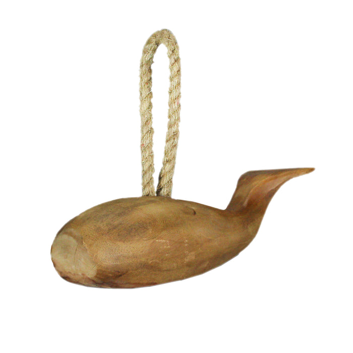 Handmade Teak Wood Carved Whale Doorstop With Rope Handle Image 1