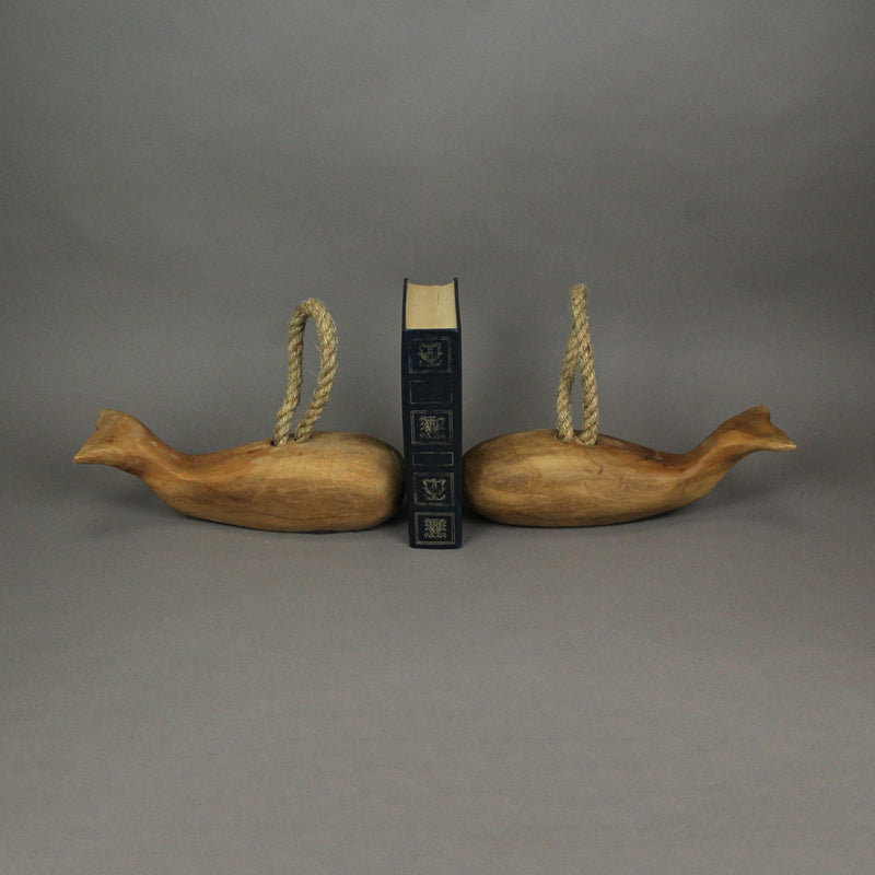 Set of 2 Handmade Teak Wood Carved Whale Bookends/Doorstops With Rope Handles Image 5