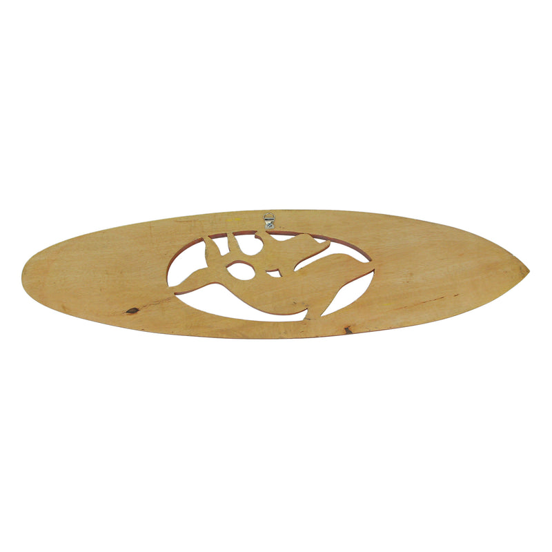 Hand-Carved Mahogany Brown Stained Acacia Wood Surfboard with Dolphin Design Wall Art - Decorative Hanging Coastal Nautical