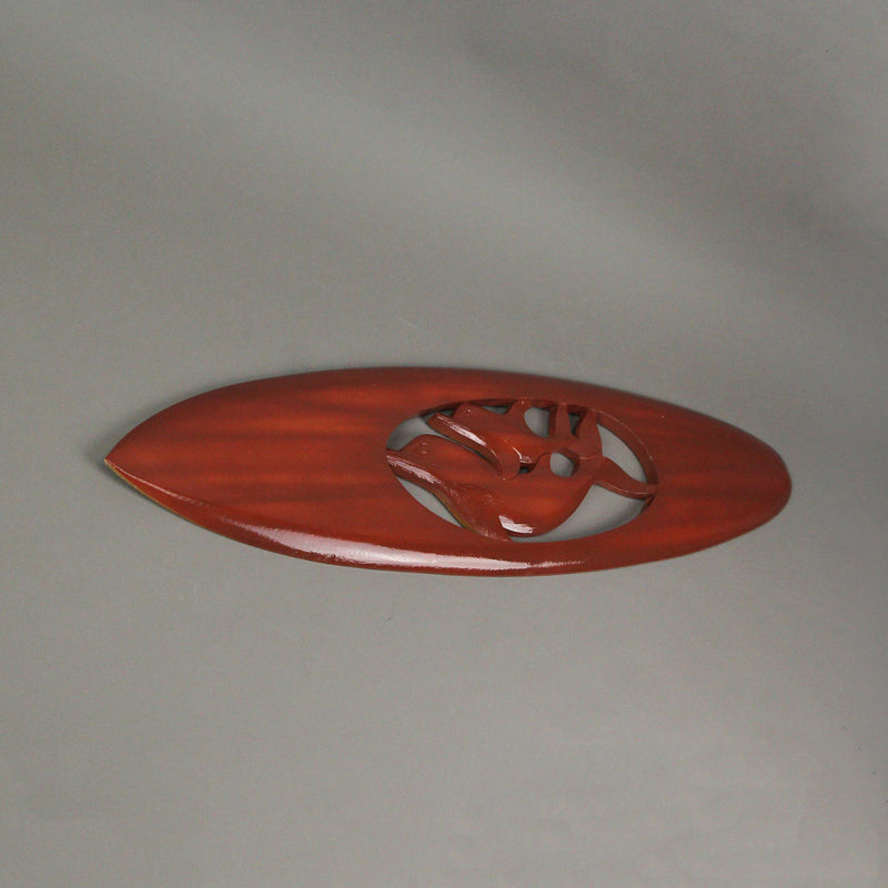 Hand-Carved Mahogany Brown Stained Acacia Wood Surfboard with Dolphin Design Wall Art - Decorative Hanging Coastal Nautical