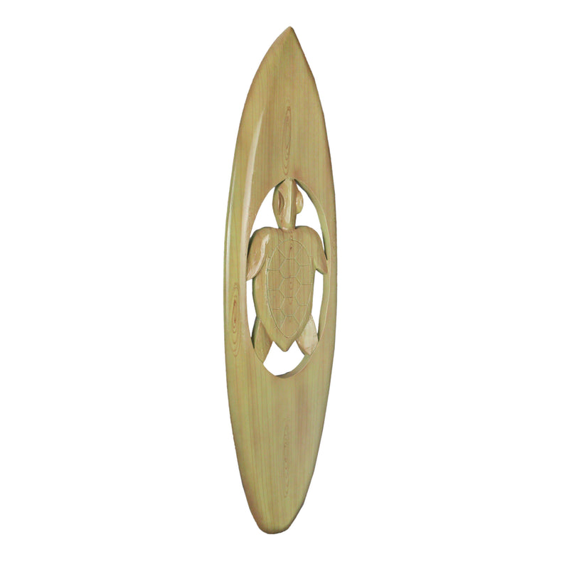 Natural Finish Hand-Carved Cut-Out Sea Turtle Wood Surfboard Decorative Art Wall Hanging - 32 Inches Long - Oceanic Elegance