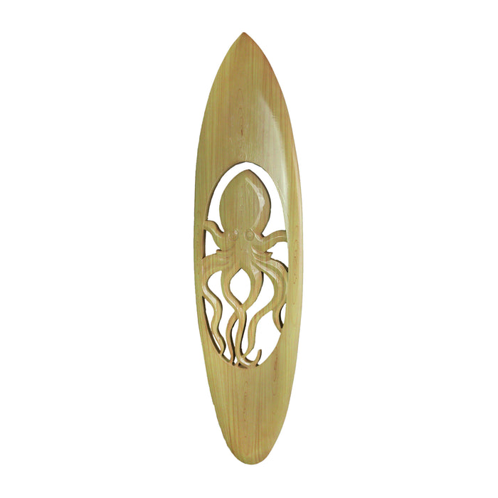 Hand-Carved Acacia Wood Surfboard Wall Art with Intricate Cut-Out Octopus Motif: Rustic Beach House Decorative Hanging for