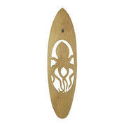 Hand-Carved Acacia Wood Surfboard Wall Art with Intricate Cut-Out Octopus Motif: Rustic Beach House Decorative Hanging for