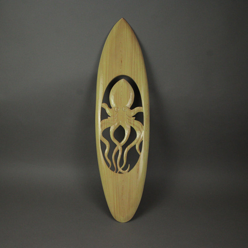 Hand-Carved Acacia Wood Surfboard Wall Art with Intricate Cut-Out Octopus Motif: Rustic Beach House Decorative Hanging for