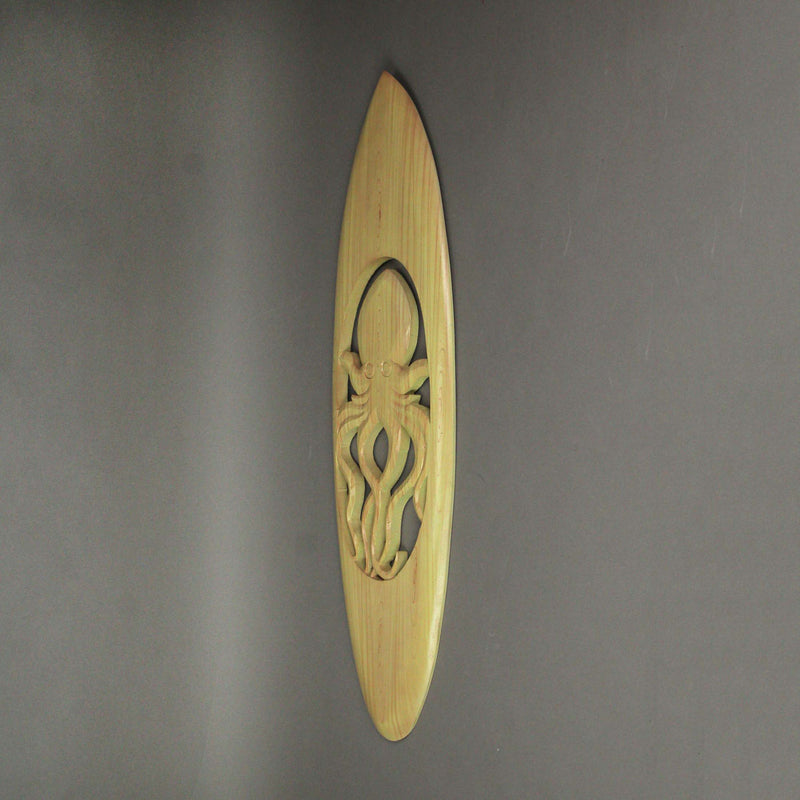 Hand-Carved Acacia Wood Surfboard Wall Art with Intricate Cut-Out Octopus Motif: Rustic Beach House Decorative Hanging for