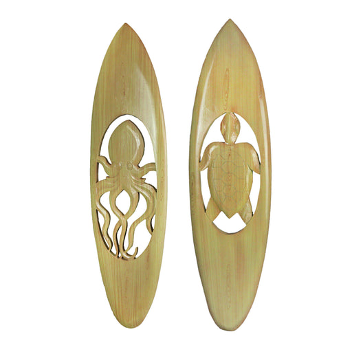 Exquisite Hand-Carved Wooden Surfboard Wall Hangings: Set of 2 with Octopus and Sea Turtle Designs - Artisan Crafted - Each