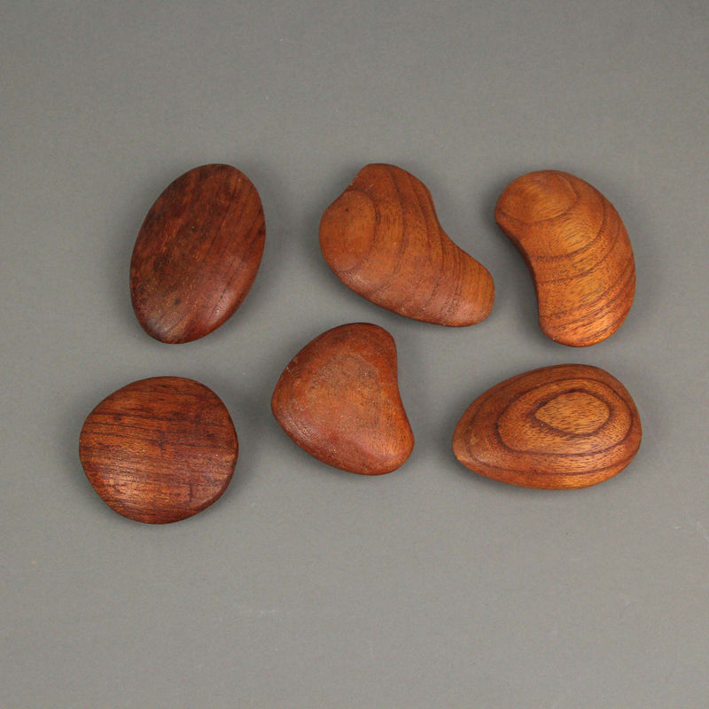 Set of 6 Hand-Carved Brown Wooden Decorative River Stones - Rustic Pebble Shapes for Natural Elegance - Perfect for
