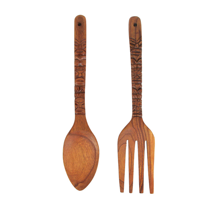 16 Inch - Image 1 - 16 Inch Carved Tiki Spoon & Fork Wooden Wall Decor Art Brown Utensil Decoration Set