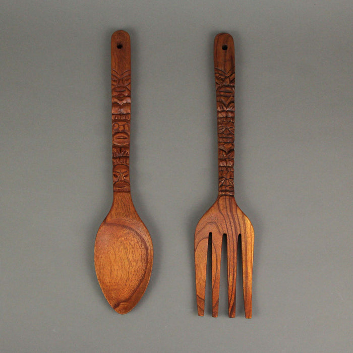 16 Inch - Image 4 - 16 Inch Carved Tiki Spoon & Fork Wooden Wall Decor Art Brown Utensil Decoration Set